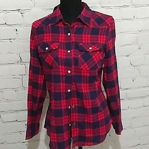 LS Red PlaidPrint Pearl Snap Button up Black Flannel Inso Collection
